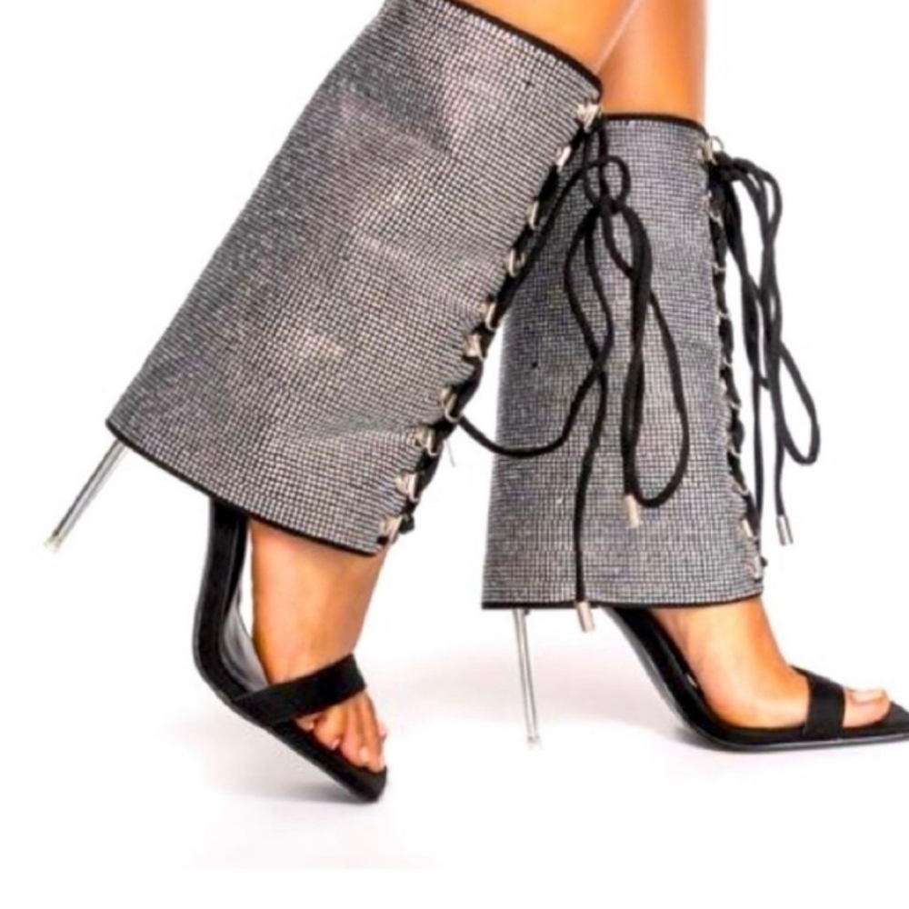 Azalea Wang Sheana Black Sandal Boot and Bling Sunglasses